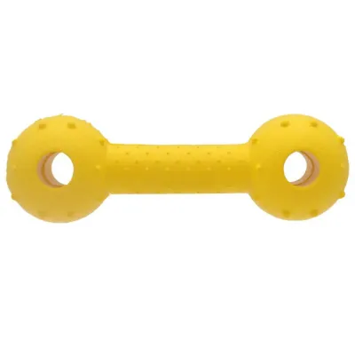 Yellow EVA dumbbell dog chew toy for aggressive chewers, lightweight floating interactive pet toy
