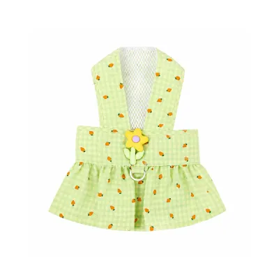 Green Plaid Floral Dog Harness Dress for Puppies Green floral plaid dog harness dress with breathable mesh back and flower decoration
