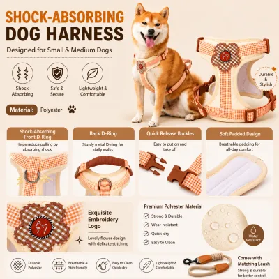 Shock-absorbing dog harness with soft padded breathable design for small and medium dogs, featuring quick-release buckles and durable polyester material