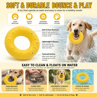 Soft EVA Dog Fetch Ring Toy for Teeth Cleaning and Water Play Soft EVA dog fetch ring toy helping clean teeth while floating on water during playtime