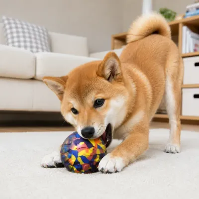 Dog Playing with EVA Camouflage Ball Toy Indoors Shiba Inu chewing a colorful EVA camouflage dog ball toy on a living room carpet