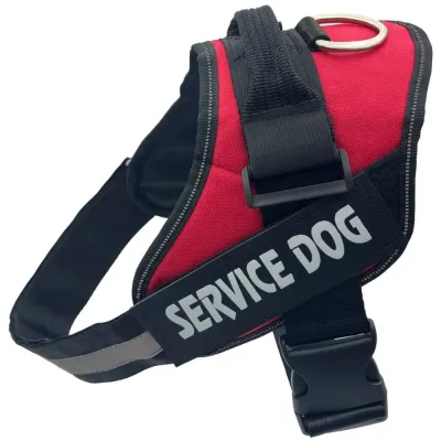 Red Adjustable Service Dog Harness with Handle Red adjustable service dog harness with reflective strap, sturdy handle and stainless steel D-ring for working dogs