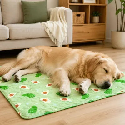 Dog Sleeping on Soft Quilted Dog Mat Golden retriever resting comfortably on a soft all season dog mat in a living room