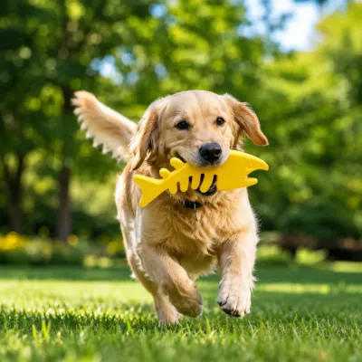 Golden Retriever Playing with EVA Fishbone Dog Toy Golden Retriever dog carrying a yellow EVA fishbone chew toy while running outdoors on grass
