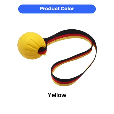 Yellow EVA rope ball dog toy with strong woven rope handle for dogs