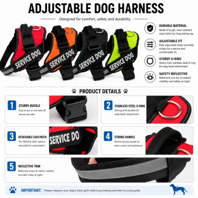 Adjustable Reflective Service Dog Harness Features Detailed view of adjustable service dog harness showing buckle, handle, D-ring, reflective trim and removable patch