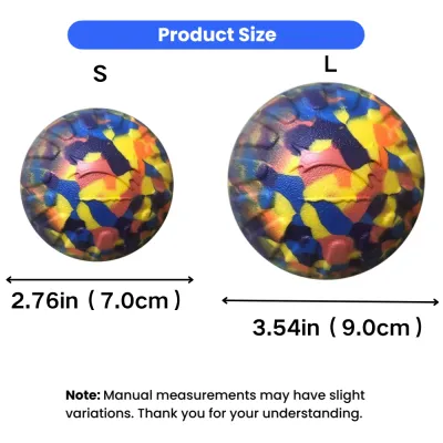 EVA Camouflage Dog Ball Toy Size Guide S and L EVA camouflage dog toy ball size comparison showing small 7cm and large 9cm options