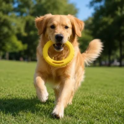 Dog Playing with EVA Ring Fetch Toy Outdoors Golden retriever carrying a yellow EVA ring dog toy while running on grass during outdoor play