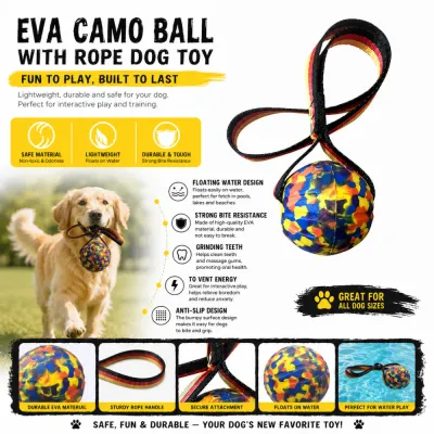Floating EVA camouflage ball dog toy with rope handle for fetch, water play, and chew training