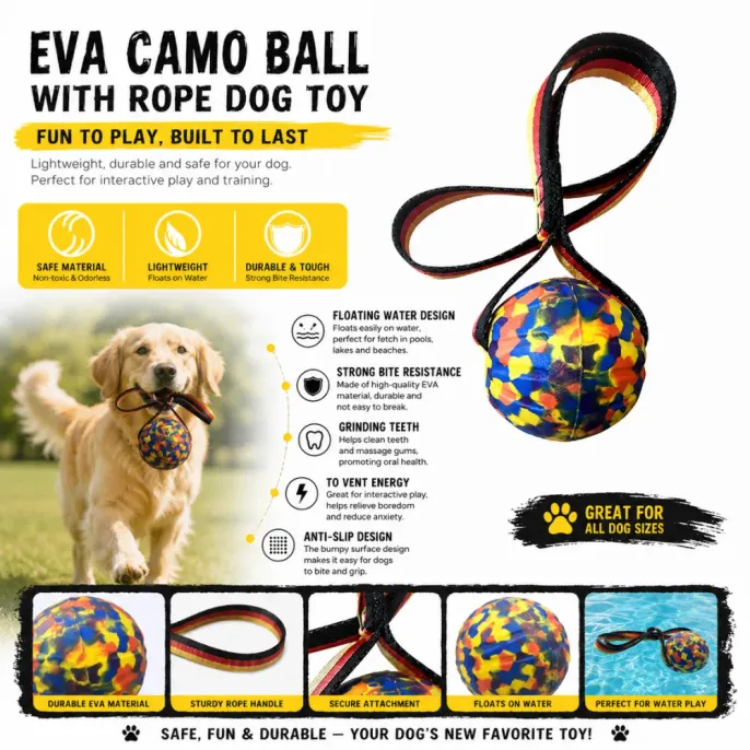 EVA Floating Rope Ball Dog Toy for Fetch and Water Play Floating EVA camouflage ball dog toy with rope handle for fetch, water play, and chew training