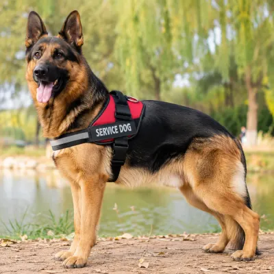 German Shepherd Wearing Adjustable Service Dog Harness German Shepherd wearing a red reflective service dog harness outdoors near a lake
