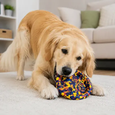 Dog Playing with EVA Camouflage Flying Disc Toy Golden retriever chewing colorful EVA camouflage flying disc dog toy indoors