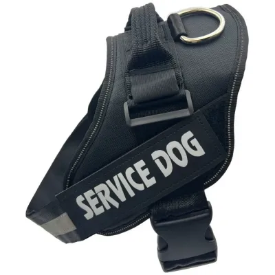 Black Reflective Service Dog Harness for Large Dogs Black adjustable service dog harness with reflective strap, handle and removable service dog patch