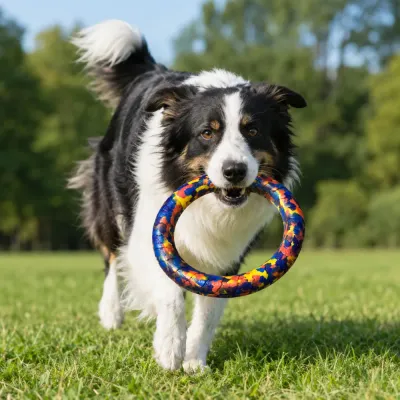 Border Collie carrying colorful EVA ring dog toy during outdoor fetch training