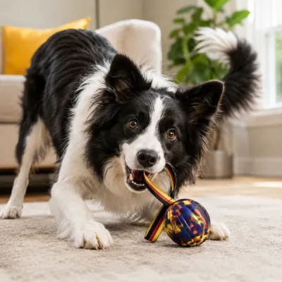 Border Collie playing with EVA camouflage rope ball dog toy in a living room
