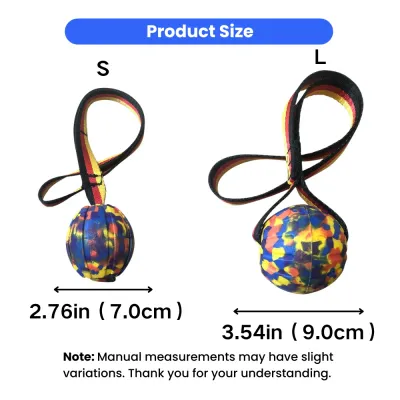 Size comparison of EVA camouflage dog ball toy with rope handle in small and large options