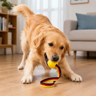 Golden Retriever chewing and pulling a yellow EVA rope ball dog toy during indoor interactive play