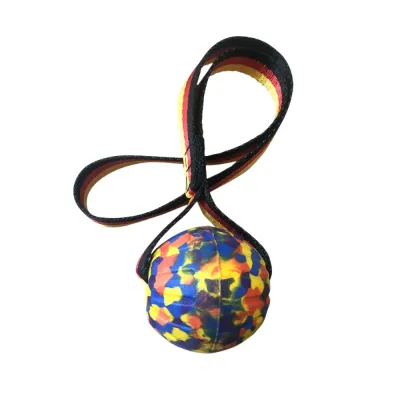 Durable EVA camouflage ball dog toy with rope handle for interactive fetch and tug play