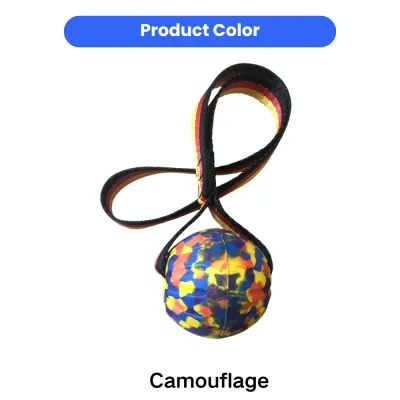 Camouflage color EVA dog ball toy with rope handle for chewing and interactive play