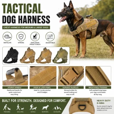 Heavy Duty Tactical Dog Harness Features Tactical dog harness with breathable padding, hook and loop panel, handle and metal D ring