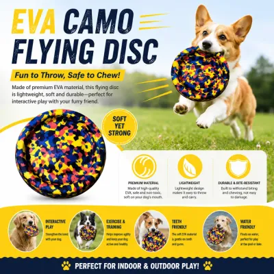EVA Camo Flying Disc Dog Toy Features and Benefits EVA camouflage dog flying disc toy with lightweight durable and water-friendly features
