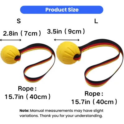 EVA rope ball dog toy size comparison showing small and large options with rope length dimensions