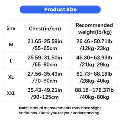 Service Dog Harness Size Guide for Medium to XXL Dogs Service dog harness size chart with chest measurements and recommended dog weight ranges