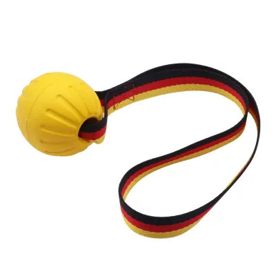 Yellow EVA rope ball dog toy with durable tug rope for interactive chewing, tugging and fetch play