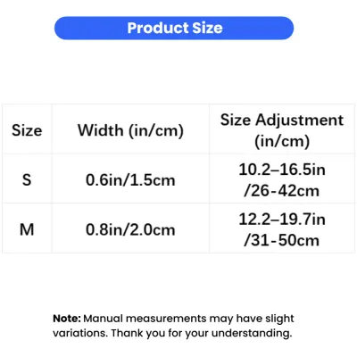 Dog collar size chart showing adjustable neck measurements and collar width for S, M