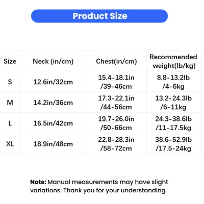 Size chart for adjustable dog harness showing neck size chest girth and recommended dog weight