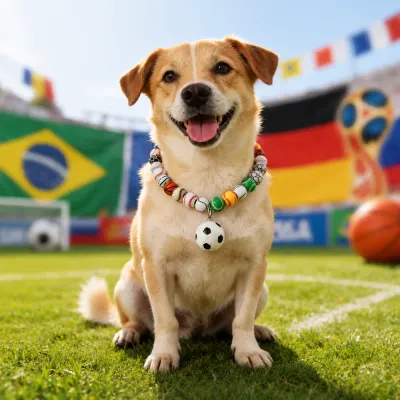 Happy dog wearing colorful pet soccer necklace on a football field