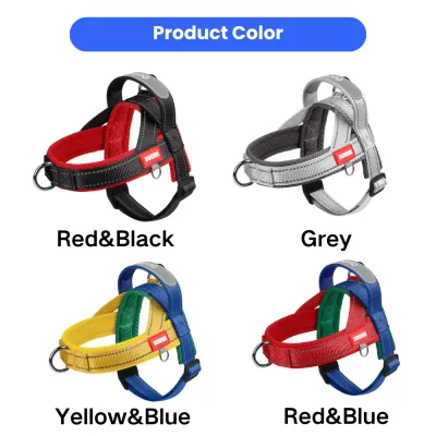 Adjustable reflective dog harness available in red black, grey, yellow blue and red blue color options