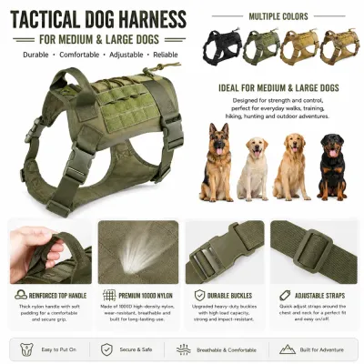 Durable Tactical Dog Harness with Handle and Buckles Tactical dog harness featuring reinforced handle, durable buckles, adjustable straps, and nylon construction