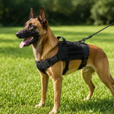 Medium Large Dog Wearing Tactical Harness Outdoors German Shepherd wearing a black tactical dog harness during outdoor training and walking