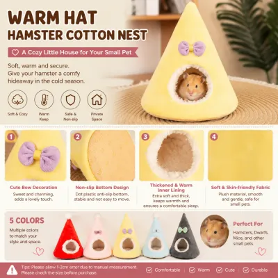 Warm Hamster Cotton Nest House Features Plush hamster cotton nest with warm lining, non-slip bottom and cute bow decoration