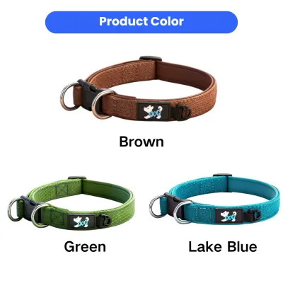 Adjustable breathable dog collars available in brown, green, and lake blue colors for pet stores and retailers
