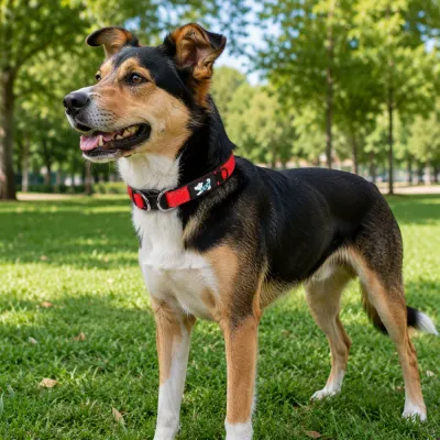 Dog Wearing Reflective Adjustable Collar Outdoors Medium-sized dog wearing a red reflective dog collar in a park setting