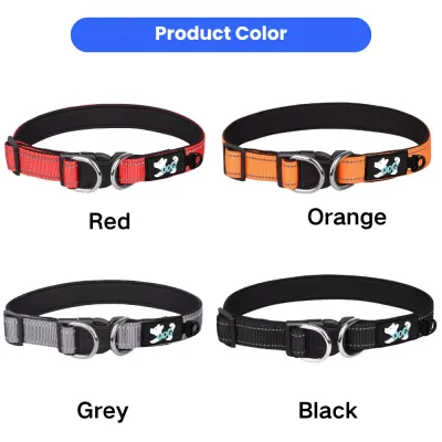 Reflective Dog Collar Available in Multiple Colors Reflective dog collar color options including red, orange, grey, and black