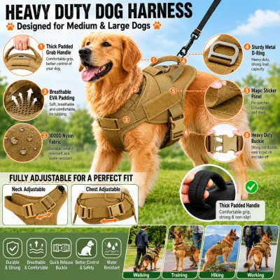 Tactical dog harness with handle, EVA padding, metal D-ring and quick-release buckle