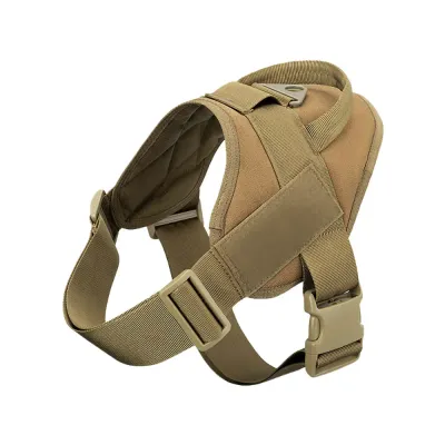 Khaki military style dog harness with adjustable straps and padded handle