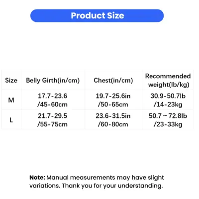 Tactical dog harness size chart showing chest girth, belly girth, and recommended dog weight
