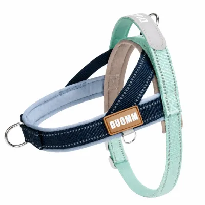 Reflective T-shaped anti pull dog harness in navy blue with padded lining, adjustable straps and durable metal D-rings for small and medium dogs