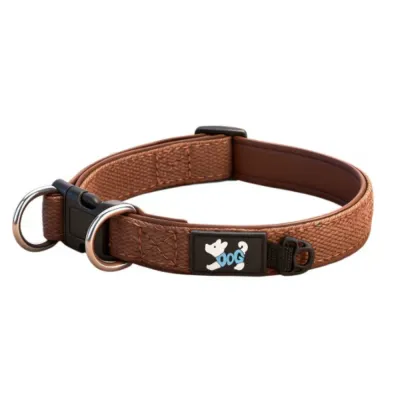 Brown adjustable breathable dog collar with dual D-rings and soft padded lining for small and medium dogs