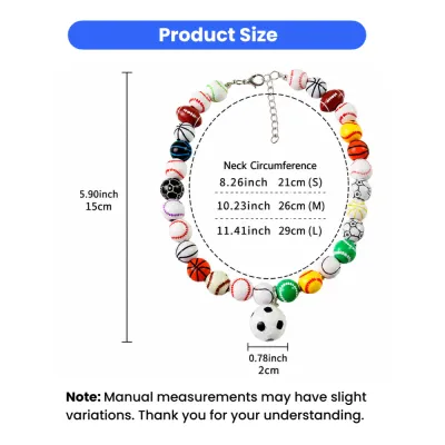 Adjustable pet soccer necklace size chart showing neck circumference measurements