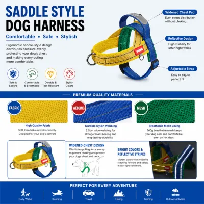 Reflective saddle style dog harness with widened chest pad breathable mesh lining and adjustable straps