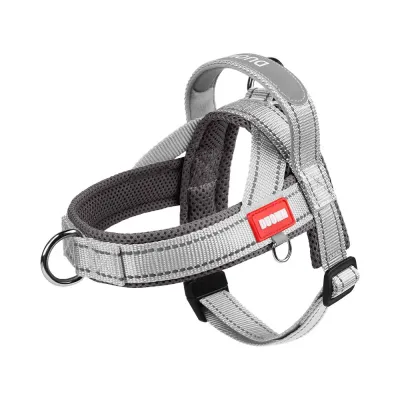 Grey reflective dog harness with breathable mesh padding and durable nylon webbing