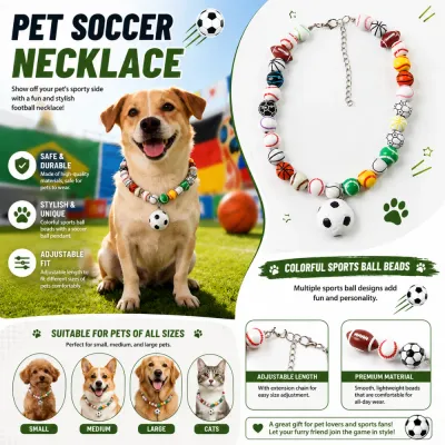 Pet soccer necklace product overview showing adjustable fit, colorful beads and lightweight design