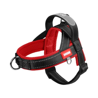 Red and black reflective saddle style dog harness with breathable mesh padding and adjustable straps for small and medium dogs