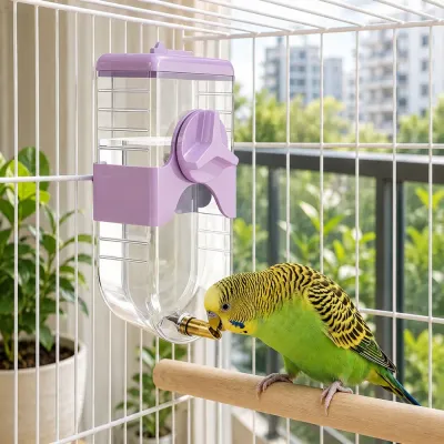 Parrot Drinking from Automatic Bird Cage Water Dispenser Budgie drinking water from automatic bird cage water dispenser with copper nozzle