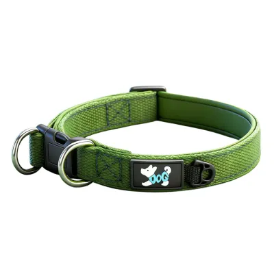 Green adjustable dog collar with breathable fabric padded lining and durable metal D-rings